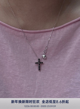 PAUSA ANN s925 秋冬复古黑色满钻十字架中性感百搭项链