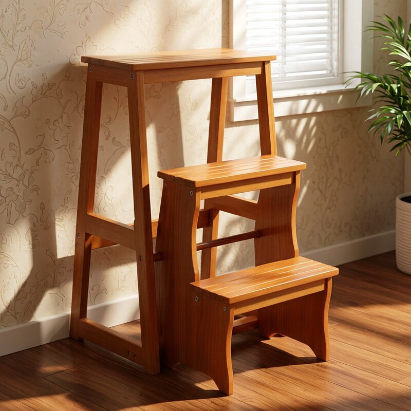 木马人实木折叠梯凳家用三步登高凳两用梯椅室内踏板梯子多功能新