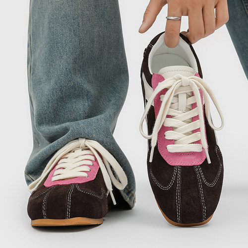 潮牌专柜德训鞋男款真皮小众拼色运动板鞋平底圆头休闲鞋复古通勤