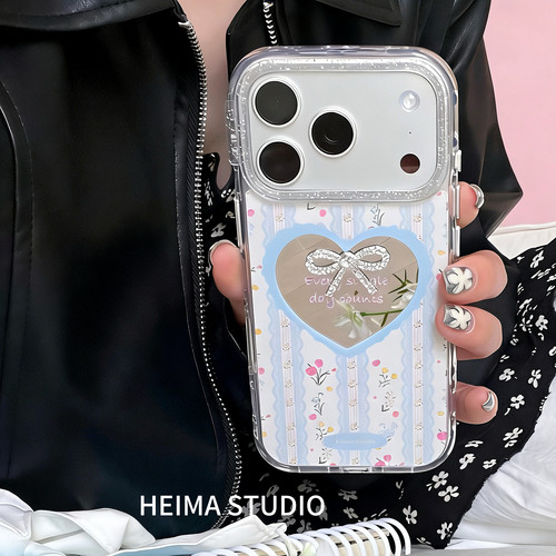 heima春夏爱心镜面花朵水钻蝴蝶结适用苹果17promax手机壳iphone16pro新款16女17pro创意15pro全包防摔手机套