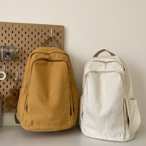 日系帆布书包男原宿高中生大容量纯色旅行双肩包女大学生复古背包