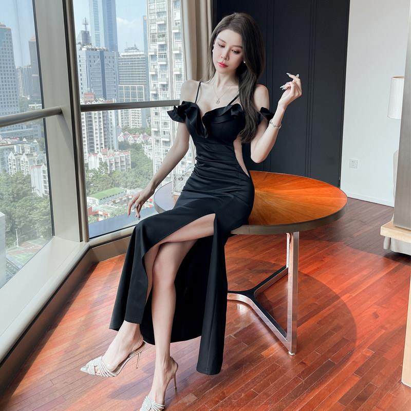 新款高端镂空性感晚礼服开叉吊带露肩连衣裙修身气质宴会夜场长裙