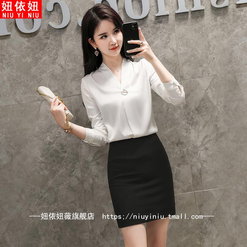 白衬衫女长袖2025春季新款V领缎面职业装韩版衬衣时尚工作服上衣