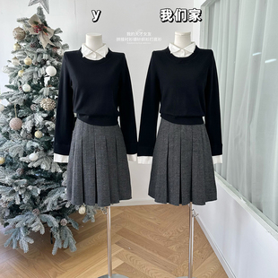 柒月末 我的天才女友 拼接衬衫领针织衫毛衣打底衫假两件套头上衣