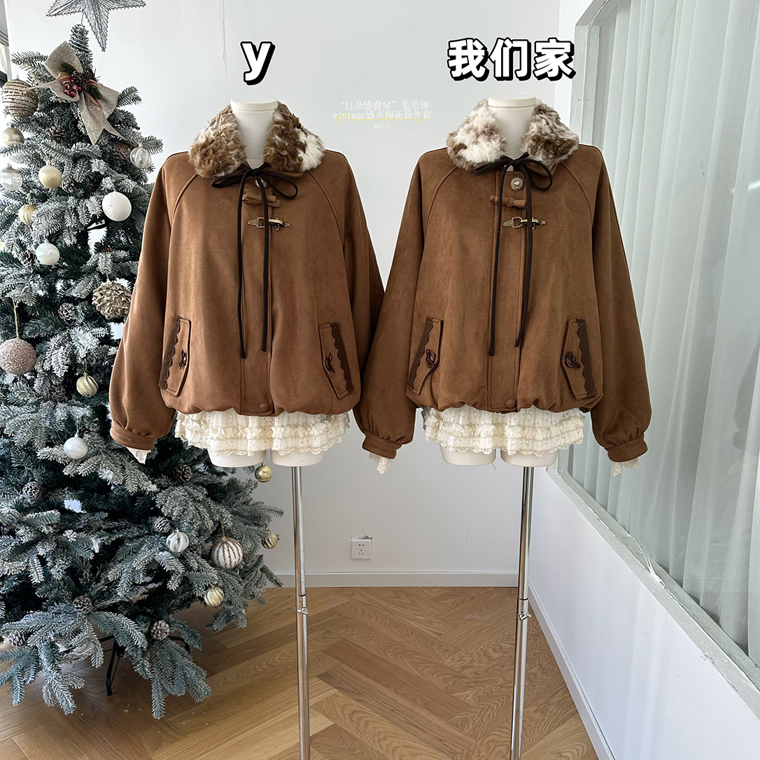 毛毛领vintage感夹棉花苞外套