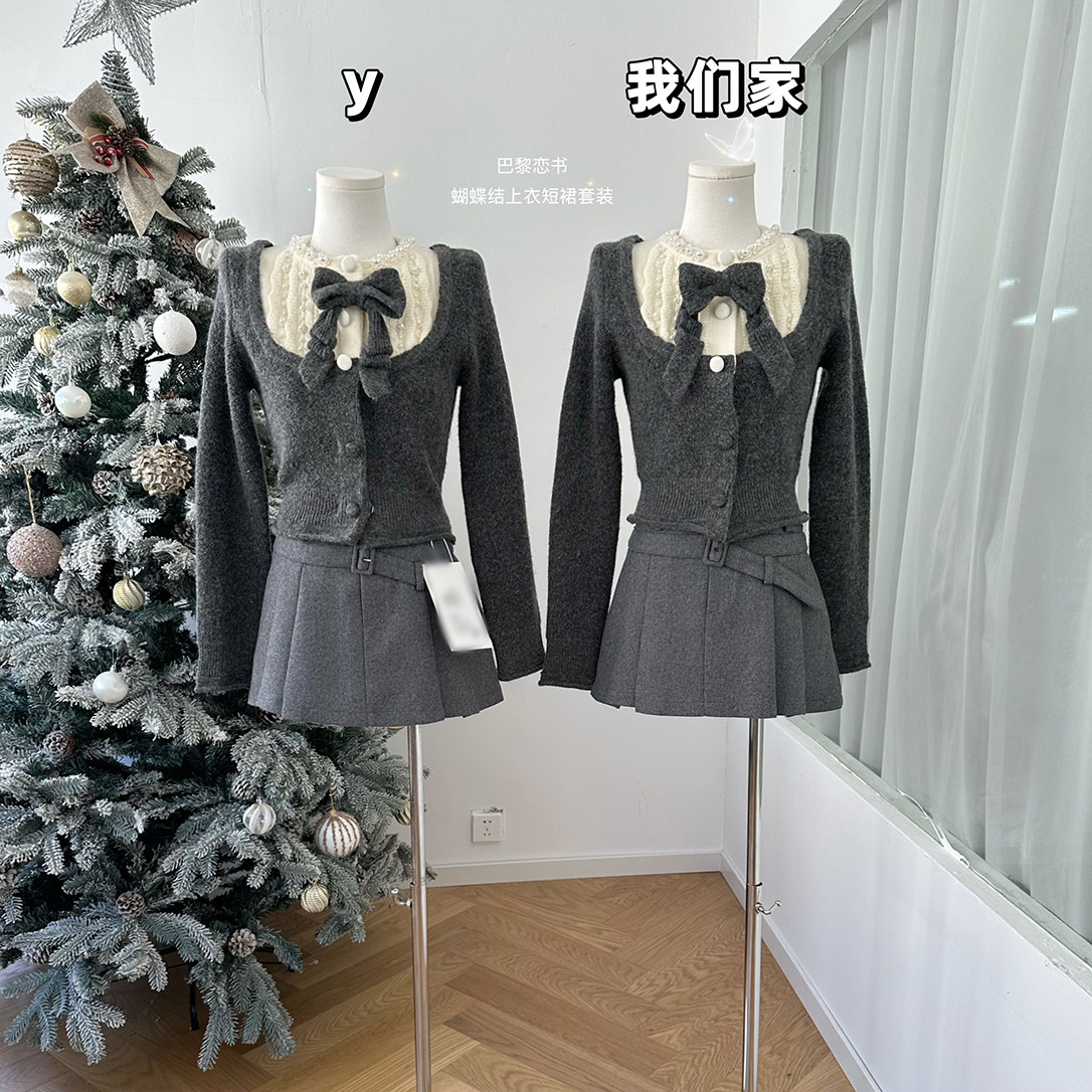 蝴蝶结羊驼毛上衣撞色短裙套装