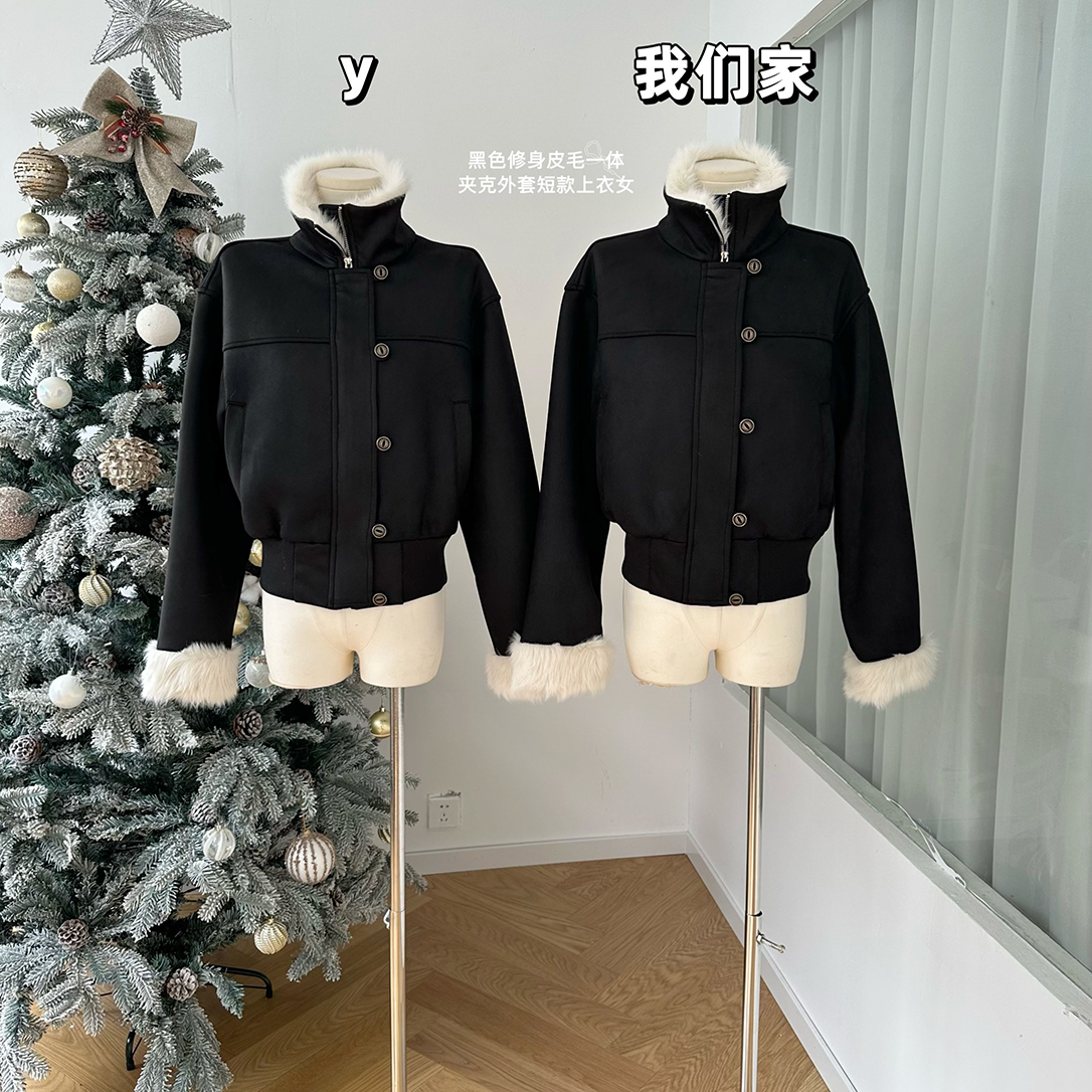 新款黑色修身皮毛一体夹克外套