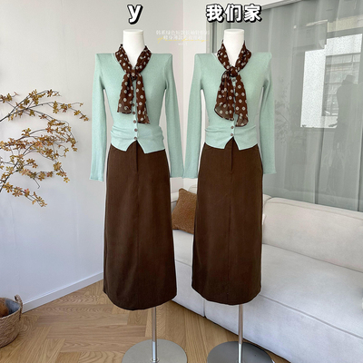 韩系绿色短款长袖针织衫女早秋