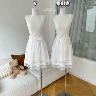 柒月末 棉经典蕾丝拼接显瘦高腰半身裙女夏白色宽松休闲A字中裙