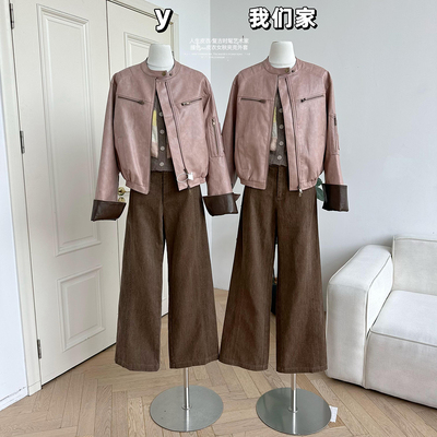 复古撞色pu机车皮衣外套