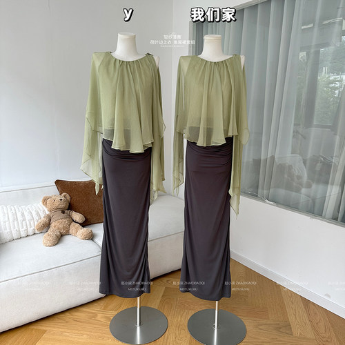 不规则荷叶边上衣/鱼尾裙套组