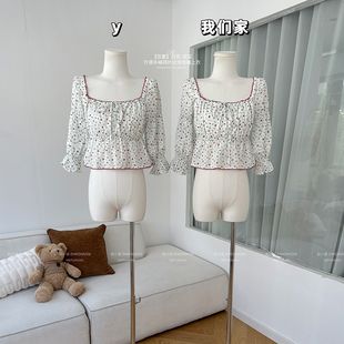 柒月末【恋夏】白色/碎花 方领半袖小衫女夏荷叶边六分泡泡袖上衣