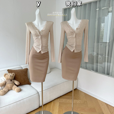 羊毛假两件T恤女春纯欲蕾丝上衣