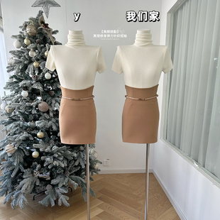 弹力针织短袖 绵羊毛混纺秋冬高领修身 上衣 高频搭配 柒月末