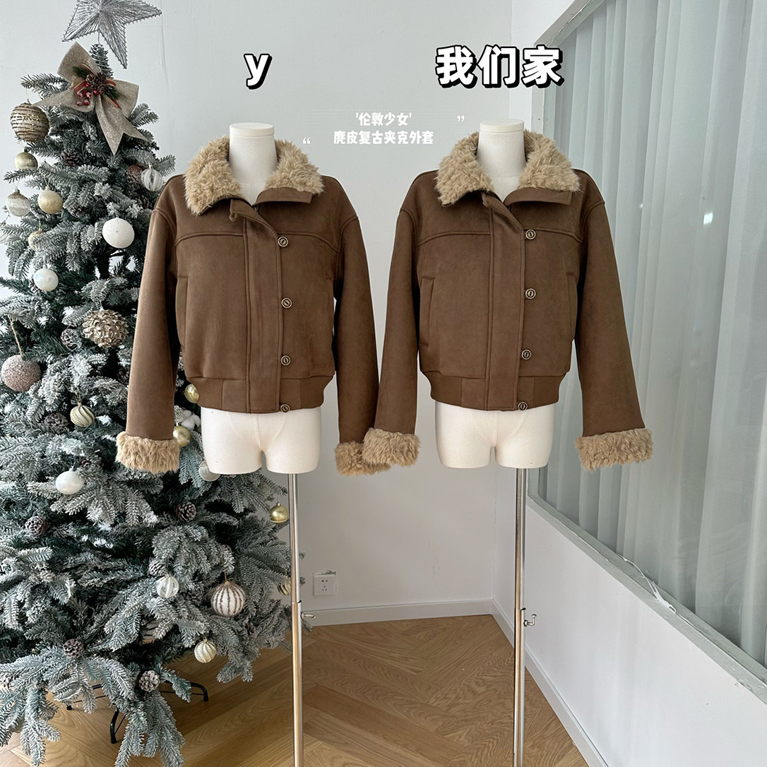 柒月末  伦敦少女 中古麂皮烫金复古皮毛一体环保毛毛夹克外套,女装/女士精品,短外套,淘宝优惠券,粉丝福利购,淘宝优惠卷