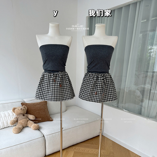 柒月末【私服miu套】纯欲感复古针织抹胸+格纹花苞半裙套组
