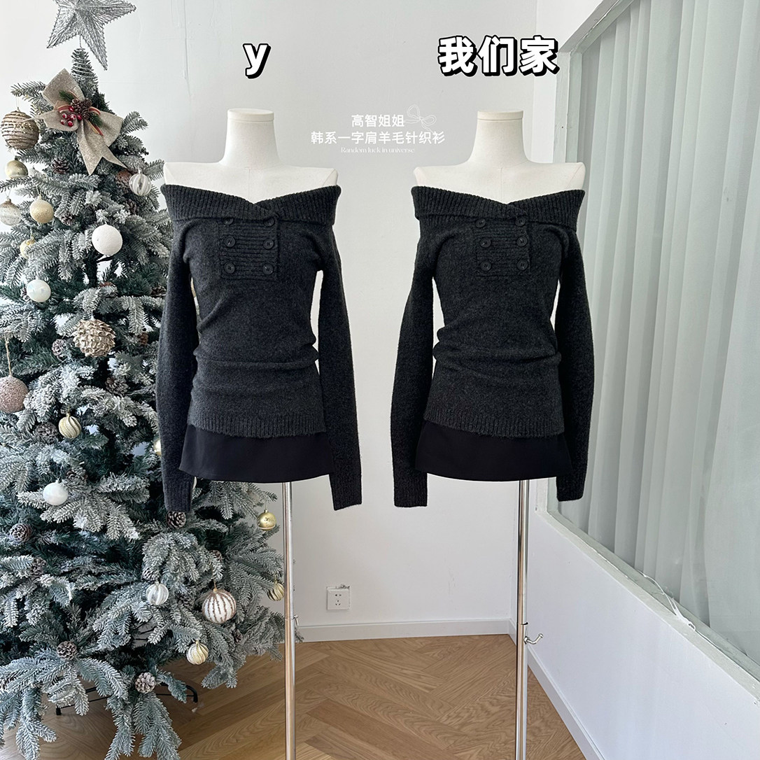 韩系气质一字肩羊毛针织衫