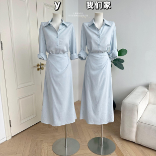 连衣裙收腰裙长裙 早秋设计感假两件天丝衬衫 柒月末 蓝屿海岛