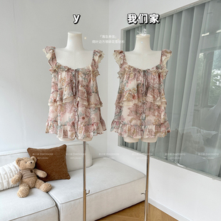 柒月末「海岛来信」荷叶边方领碎花雪纺衫A字吊带无袖上衣