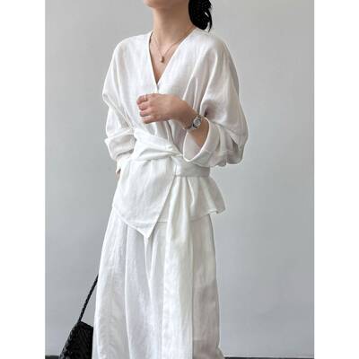 亚麻套装裙子女2026夏季新款收腰绑带衬衫上衣中长款半身裙两件套