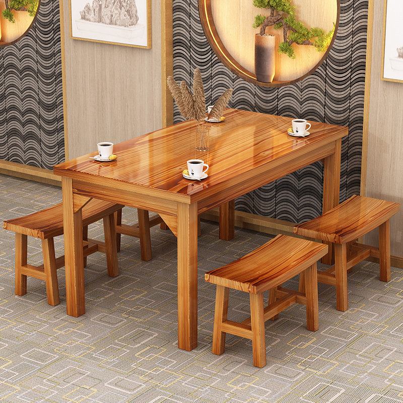 饭店桌椅餐厅快餐桌椅复古面馆小吃烧烤火锅店碳化实木餐桌椅组合