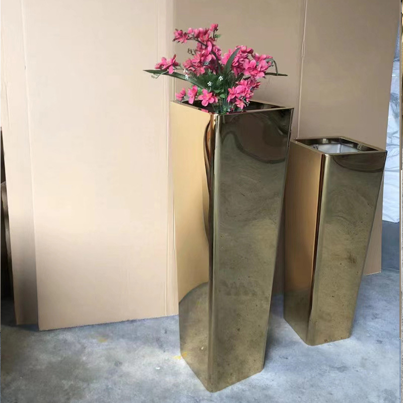 不锈钢金属镀金花箱商场室内圆形花瓶售楼部酒店别墅户外装饰花器