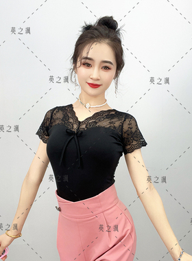 2201英之飒广场舞舞蹈服女吉特巴水兵交谊舞蕾丝V领跳舞连体小衫