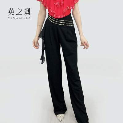 2193英之飒荷叶边烫钻中高腰广场吉特巴水兵交谊弹力直筒舞蹈长裤