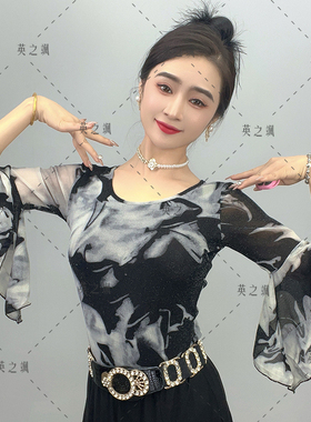 25009英之飒新款喇叭袖印花舞蹈衫广场舞吉特巴时尚摩登舞蹈上装