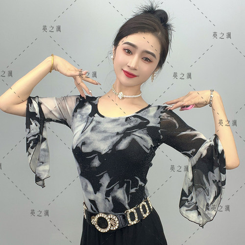 25009英之飒新款喇叭袖印花舞蹈衫广场舞吉特巴时尚摩登舞蹈上装