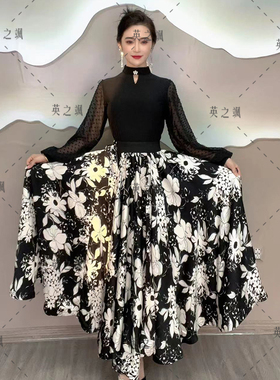 2135英之飒新高档气质遮肚720度超大摆花色半身吉特巴水兵舞长裙