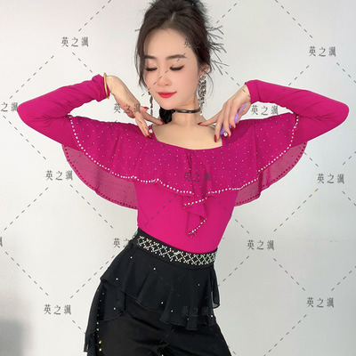 5037英之飒新款广场吉特巴水兵交谊舞蹈方领烫钻荷叶边跳舞连体衣