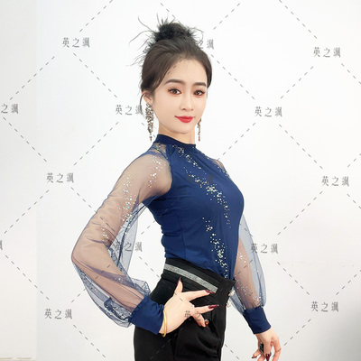 清仓25071英之飒新网纱亮片广场吉特巴水兵舞女舞蹈连体修身上装