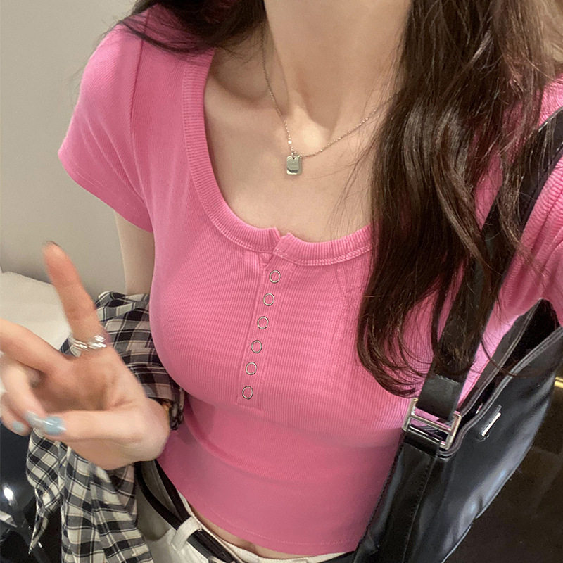螺纹棉纽扣T恤女短袖2026夏新款方领百搭外穿修身显瘦上衣打底衫