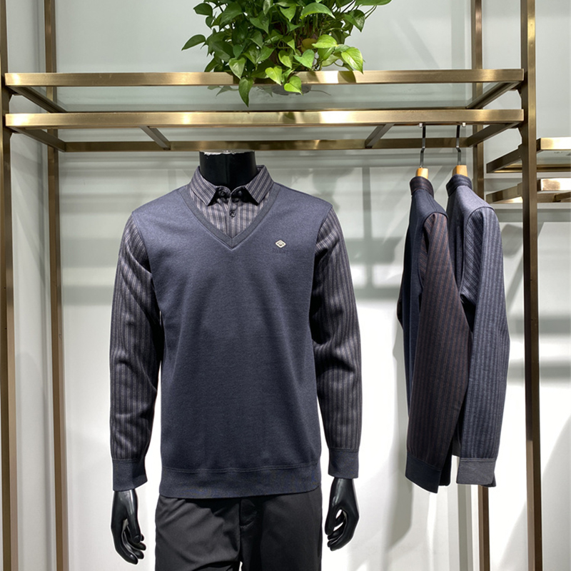 假两件针织衫男士翻领长袖T恤