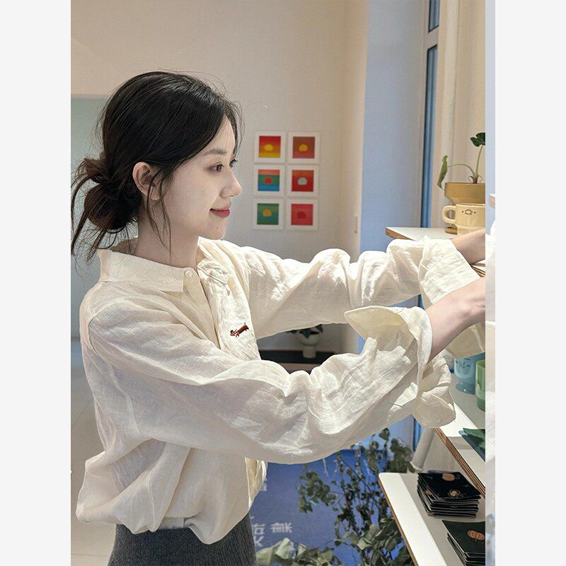 法式白色长袖亚麻衬衫女装2025早秋新款高级感气质Polo领棉麻上衣