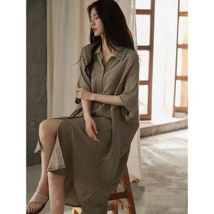纯棉短袖 长款 睡裙女夏季 慵懒风开衫 睡衣 条纹家居服薄款 宽松大码