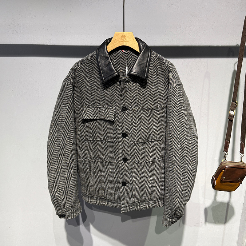 冬季短款皮质拼接翻领白鹅绒保暖羽绒服羊毛保暖宽松百搭上衣男士