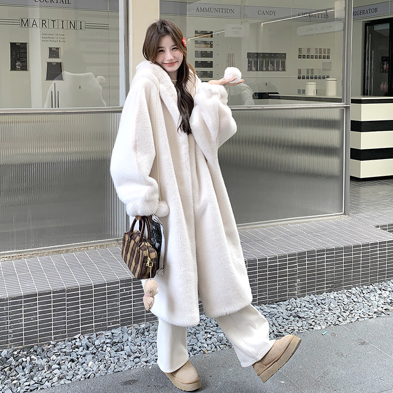 韩版保暖仿水貂绒连帽外套女2025冬季新款显瘦加厚长款毛茸茸大衣,女装皮草,2D111