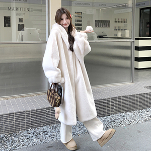 韩版保暖仿水貂绒连帽外套女2025冬季新款显瘦加厚长款毛茸茸大衣图片