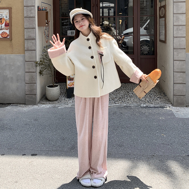 【现货】新中式白色羊羔毛毛呢外套女2D111-A1083P205K308,女装短外套,2D111