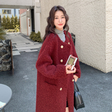 温柔风红色双排扣皮毛一体羊羔毛大衣女秋冬2025新款气质棉服外套，女装皮草，2D111