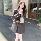 学院风灰色制服西服百褶裙套装女2025春秋新款韩系显瘦短裙两件套，女装套装/套裙，2D111