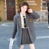 灰色学院风jk小西装套装女2023秋新款时尚小个子百褶裙西服两件套，女装套装/套裙，2D111