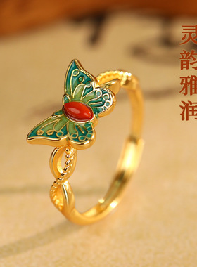 925银戒指女中国风古典蓝蝴蝶戒指简约个性指环食指戒子手饰品