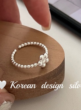 韩版小清新ins风饰品 S925纯银小众小梅花圆珠拼接戒指叠戴高级感