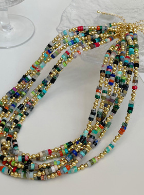 复古波西米亚彩色天然石串珠项链时尚高级感简约百搭小众轻奢颈链
