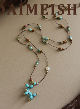 原创复古精致虎眼石松石花朵珍珠小狗项链女轻奢小众高级感毛衣链