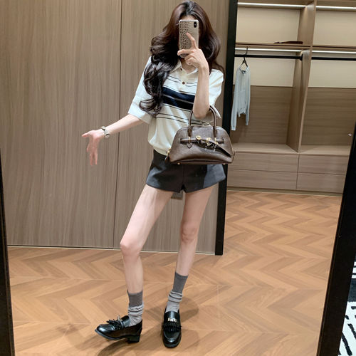 Leathercat今年流行的爆款女装2026年夏季韩系慵懒风条纹针织短袖