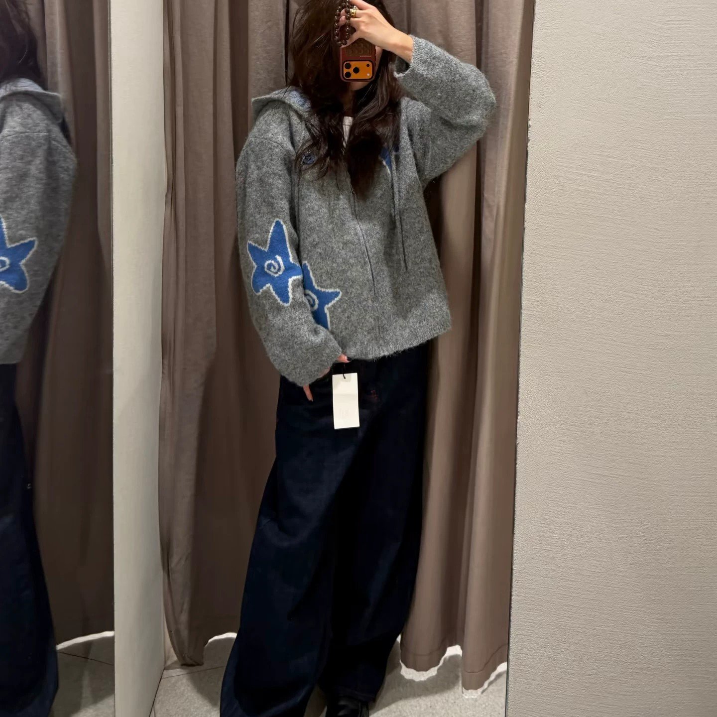 羊驼绒 美式复古星星针织开衫女秋冬连帽戴帽子宽松卫衣毛衣外套
